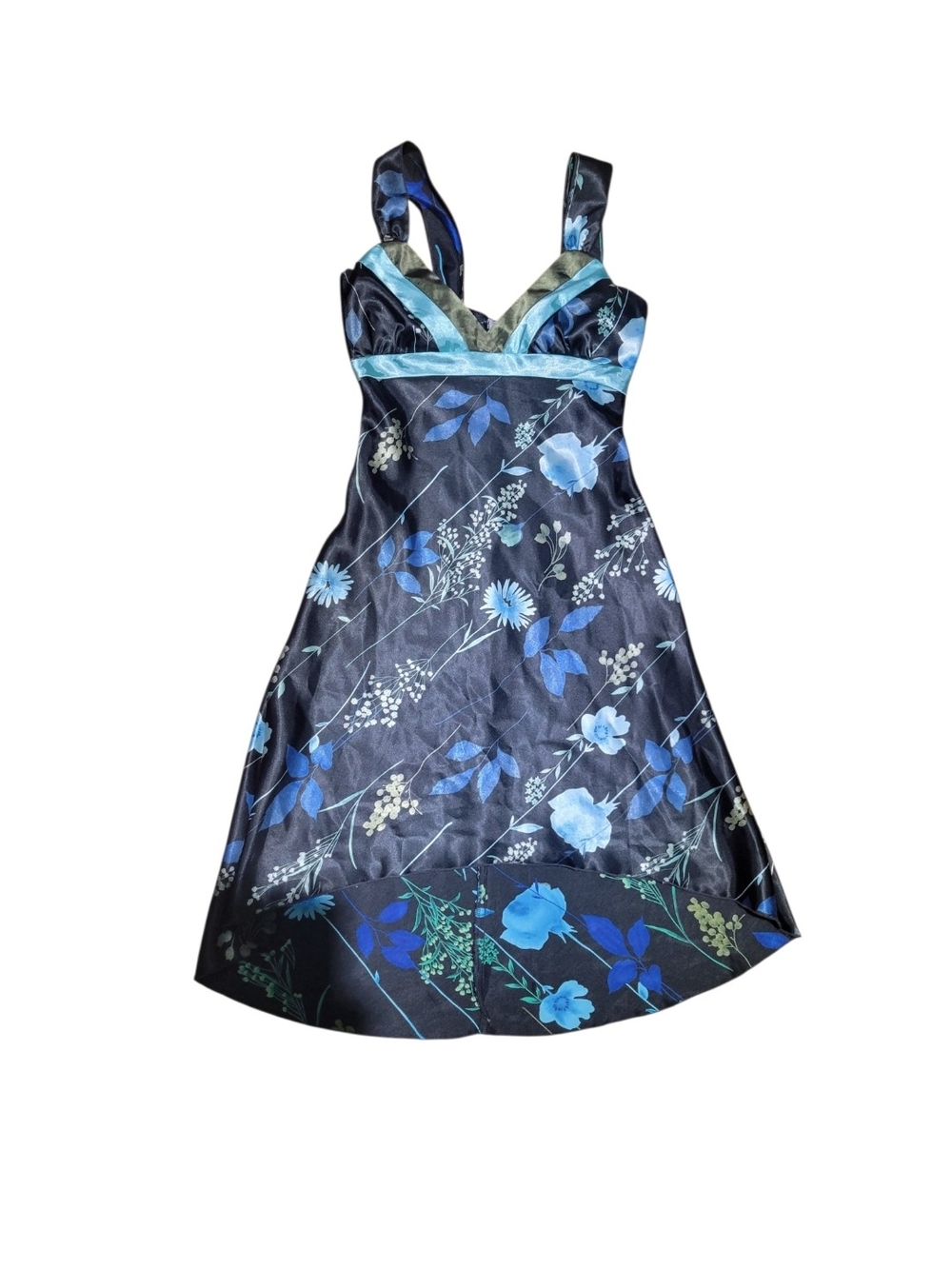 Black Satin Floral A-Line Dress with Blue Accents